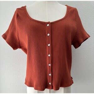 Levi’s Ribbed Pearl Snap Crop Top XXL Rust Orange Baby Tee Y2K Grunge 90s Retro